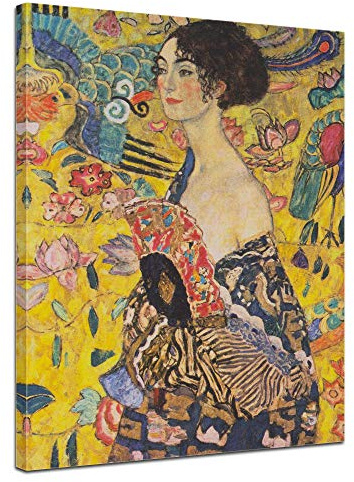 Bilderdepot24 Bild auf Leinwand | Gustav Klimt Dame mit Fächer in 50x70 cm als Wandbild | Wand-deko Dekoration Wohnung alte Meister | 180938-50x70