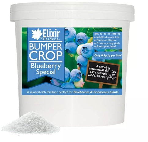 Elixir Gardens Bumper Crop Blueberry Special Fertiliser | Soluble Feed for Blueberries, Raspberry & Strawberry Plants | 1kg - 20kg Supplied in Bag or Tub | NPK 12-10-10+ 4 | 1kg Resealable Tub