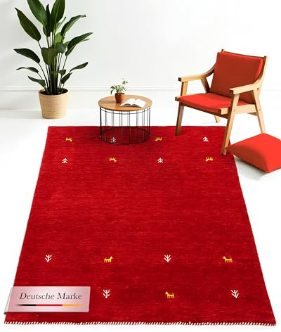carpetfine Wollteppich Gabbeh Uni Rot 160x230 cm | Moderner Teppich für Wohn- und Schlafzimmer