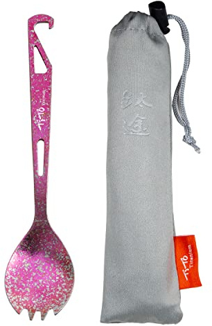 TiTo Titanium 3-in-1 Titan Besteck Löffel & Spork & Flaschenöffner, Ultraleicht Tragbar Wiederverwendbar, Rosa, Lässig, 160 mm, 14 g, 1 Set, 1 Stück, Titan, Göffel, Outdoor-Überlebensaktivitäten