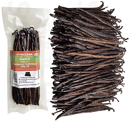 25 Organic Madagascar Vanilla Beans Grade B. Certified USDA Organic. 5-7 Bulk by FITNCLEAN VANILLA| Bourbon Whole NON-GMO PODS.