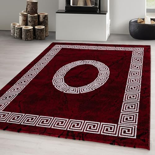 Carpetsale24 Teppich 160x230 cm Rot Kurzflor Mäander Bordüre Design Moderner Teppich für Wohnzimmer Schlafzimmer Flur Küche Esszimmer Kinderzimmer Pflegeleicht Weich
