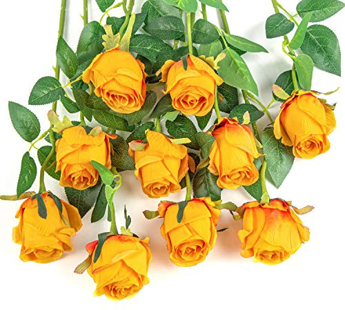 Flojery 10pcs Künstliche Rose Blumen Langer Stiel Gefälschte Seidenrosen für DIY Hochzeitsstrauß Tisch Herzstück Wohnkultur (orange)