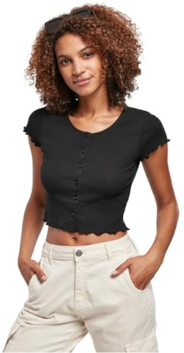 Urban Classics T-shirt för kvinnor, kort ribbad topp med knappslå och rullfåll, för kvinnor, cropped button up, finns i många färger, storlekar XS – 5XL, svart, XS