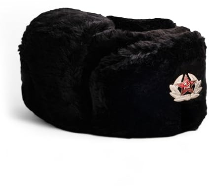 Mega_JumbleSale® Herren schwarze russische Trappermütze mit sowjetischem Abzeichen, Unisex, Kunstfell, Uschanka-Klappen-Hut, Russische Trappermütze schwarz, Einheitsgröße