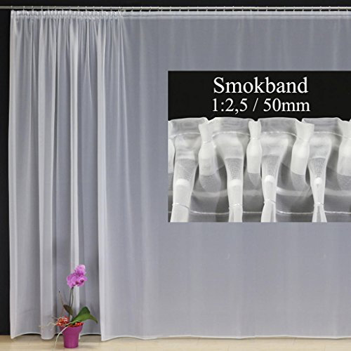 EASYHomefashion Fertiggardine nach Maß Voile Store weiß, maßgefertigt, halbtransparent mit SMOKBAND. Größe wählbar (Höhe 80-295 cm, Breite 200-1200 cm), Variante 125 x 650 cm (Höhe x Breite)
