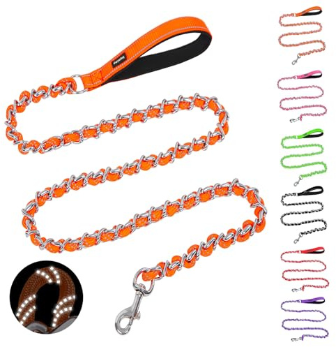 HOMIMP Chew Proof Dog Leash for Medium Large Dogs, Reflective 6 FT Heavy Duty Metal Chain Dog Leashes with Soft Padded Handle, Anti Bite Durable Rope Leashes for Pitbull, Non Chewable