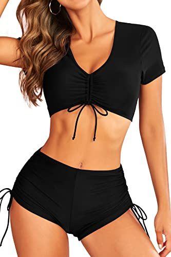 SHEKINI Bikini da donna, in tinta unita, con scollo a V, a maniche corte, con boxer regolabile, costume da bagno in due pezzi, Nero , L