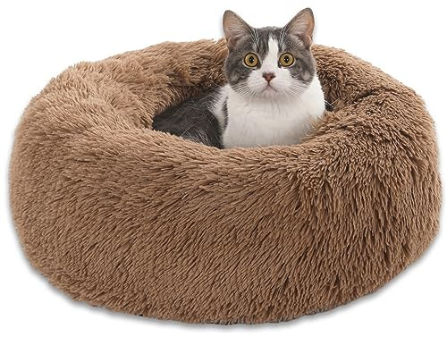 Enjamoy Hundebett Flauschig Donut Plüsch Katzenbett Hundekissen, Waschbar Rund Hundebetten für Kleine, Mittelgroße Hunde Katzen, Braun 50cm