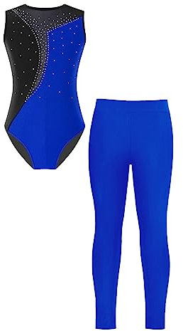 Doomiva 2PCS Mädchen Turnanzug Patchwork Gymnastikanzug Glitzer Ballettanzug Ärmellose Tanzbody und Lang Leggings Königsblau 170-176