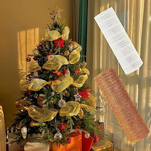 TSLBW Lot de 2 Rouleaux de Ruban de Noël en Maille, 26 CM Rouleaux de Filet Déco de Noël pour Décoration de Sapin de Noël, Couronnes de Sapin de Noël, Nœuds, Guirlande (Jaune)
