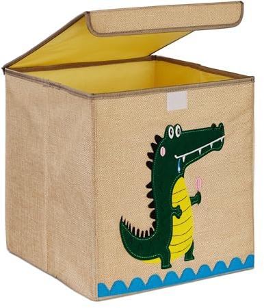 Relaxdays Aufbewahrungsbox, Krokodil, Stoffbox für Kinder, faltbar, HxBxT: 33 x 33 x 33 cm, Spielzeugbox, beige/grün