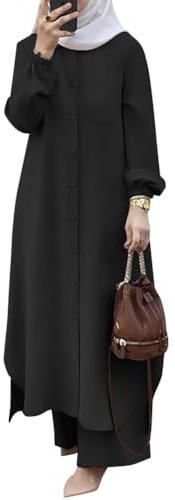 OBEEII Muslimische Kleider f�r Damen 2 Teiler Corban Ramadan Outfit Langarm Oberteile Robe Und Hosen Dubai T�rkisches Naher Osten Arabisch Islamische Kleidung Schwarz02 S