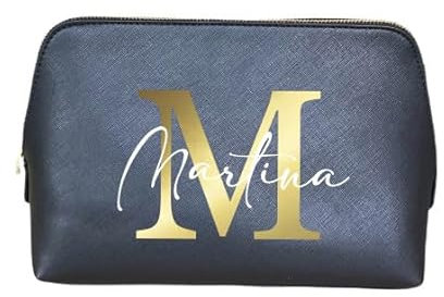 AWASG Kosmetiktasche Buchstabe Monogramm - Personalisiert mit Name - Schminktasche Beauty Bag für Make-up - Kunstleder L (25x16x10.3 cm) (schwarz)