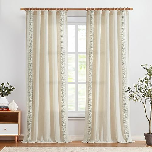 Vangao Gardinen Wohnzimmer Beige und Grün Leinenoptik 140B x 245Hcm 2er Set Modern Blumen Vorhänge Schlafzimmer mit Stangendurchzug Kinderzimmer Vorhang Boho Vintage Lichtdurchlässig Landhausstil