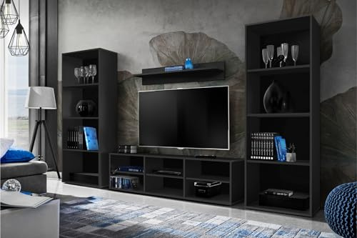 Komodee®, Wohnwand Wohnzimmerset RTV Taranto Grande, Schwarz, ohne LED, für Wohnzimmer, Schlafzimmer, Büro