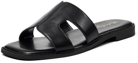 Zhabtuc Sandales Plates Rétro Tendance Pour Femmes, À La Mode – Chaussons De Plage En Cuir, Confortables Pour Le Quotidien En Extérieur, Noir, 39 EU