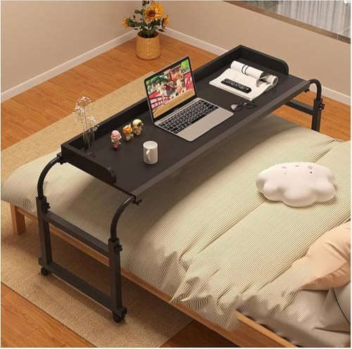 GWWBD Mobiler Betttisch Auf Rollen Breite verstellbar 115-210cm, Overbed Table Laptop Betttisch Computerständer Für Krankenbett, Pflegebett, Laptoptisch (Color:Schwarz)