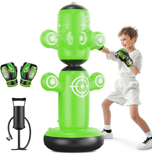 QPAU 360° Rotatable Punching Bag for Kids, Lager 64” Kids Punching Bag with Gloves, Hand Pump & 6 Targets, Bop Bag Inflatable Punching Toy, Karate Gifts for Boys, Girls