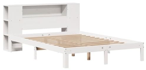 vidaXL Massivholzbett, Bett Kopfteil mit Bücherregal ohne Matratze, Bettgestell mit Lattenrost, Holzbett Doppelbett für Schlafzimmer, Weiß 120x200cm Kiefer