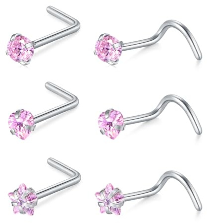AceFun 20G Nose Studs Crystal Pink L Shpaed Nose Screw Nose Rings Star Heart CZ Nose Piercing Jewelry Silver
