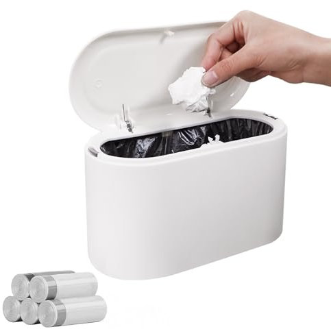 IEMIEBSHA Small Desktop Bin with 5 Rolls of Trash Bags, Portable Small Trash Can Table Dustbin, Covered Garbage Can Rubbish Wastebasket for Living Room Kitchen Children's room Countertop