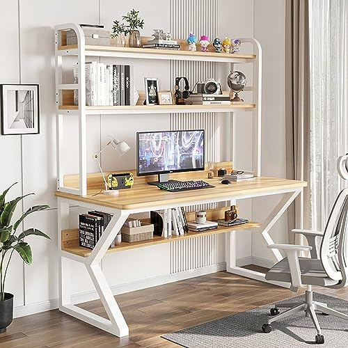 Bureau d'ordinateur moderne avec clapier et étagère pour bureau à domicile, table de travail pour adultes/étudiants, 119 cm, noyer + cadre blanc
