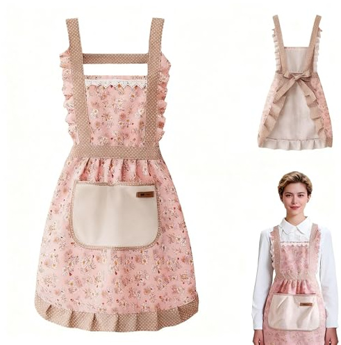 LIUQOBN Cooking Aprons For Women Adjustable, Kitchen Apron, Women Baking Canvas Apron Vintage Floral Aprons Cooking Apron with Hand Wipe and Pocket for Cooking BBQ Baking Gardening (Pink)