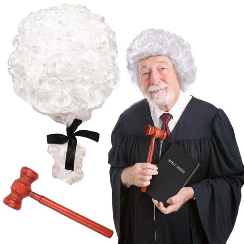 ZcrPrn 2 Pcs Judge Costume Accessories Judge Wig Mini Wooden Judge Gavel Toy Judge Court Lawyer Wig Judge Wooden Gavel Role Play Toys for World Book Day Fancy Dress Party