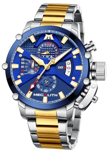 MEGALITH Armbanduhr Herren Chronograph Groß: Gold Edelstahl Uhren Herren mit Datum - Herrenuhr Wasserdicht Quarz