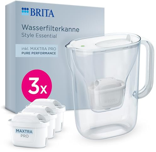 BRITA jarra filtrante Style Essential Blanca (2.4L) incl. 3x MAXTRA PRO PURE PERFORMANCE | compatible con la puerta del frigorífico, con indicador LED, filtra impurezas, metales y mucho más