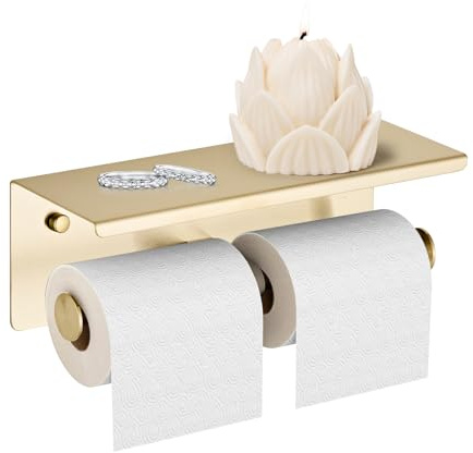 Porte-papier toilette double pour smartphone avec étagère dorée brossée, en acier inoxydable SUS 304 à double tête pour salle de bain - Support de rangement mural en tissu (or brossé) YIGUANXIN