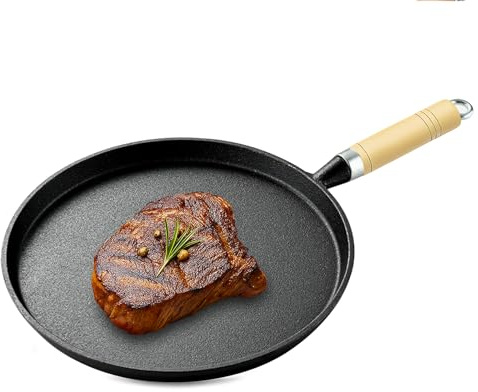 bechoanigel Poêle en fonte,26cm Ronde En fonte Avec poignée en bois,Antiadhésive Pré-cuite,Cast Iron pan pour Cuisson au gaz, Barbecue, Camping et Cuisine en Plein air