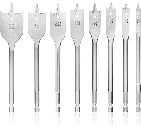 Spade Drill Bits Set, 8 Pcs Carbon Steel Heavy Duty Hex Shank Paddle Bit Tools, 6-32mm Woodworking Drilling Flat Bits Blades Kit Flat Bit Blades Set for Woodworking Plastic Chipboard