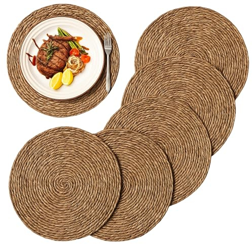 Salvamantel Mimbre Redondo, Mantel Individual, Bajoplatos Redondos, Bajoplatos Mimbre, Apto para el hogar y restaurantes, Resistente al Calor, Diámetro de 45 cm, Pack de 6 Salvamanteles