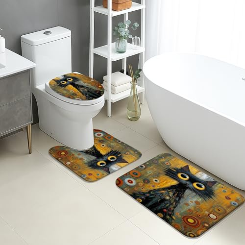 Badteppiche Set 3 Teilig,Fantasievoll Künstlerisch Katze Muster Bunt Kreisförmig rutschfest U Förmige Matte Waschbar WC Matte für Badezimmer Dekoration Boden