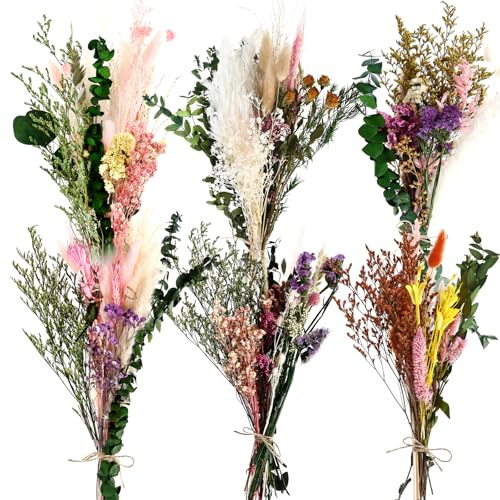 6 Bunches Large Size Dried Flower Bouquet 15 -17 Inch Natural Dried Pampas Grass Lavender Babys Breath Eucalyptus with Stems Flower Arrangements for Vase Boho Wedding Rustic Farmhour Home Decor