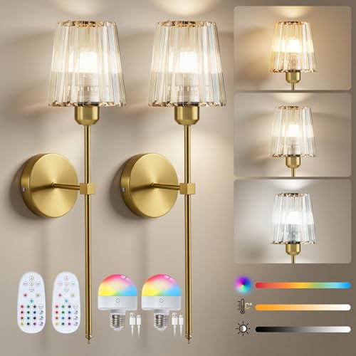 Warmiehomy Battery Operated Wall Lights Set of 2, Rechargeable Wireless Wall Sconces with Remote & Dimmable Bulb, 12 RGB Colors & 3 Color Temperature, Morden Indoor Lamp for Living Room Bedroom, Gold