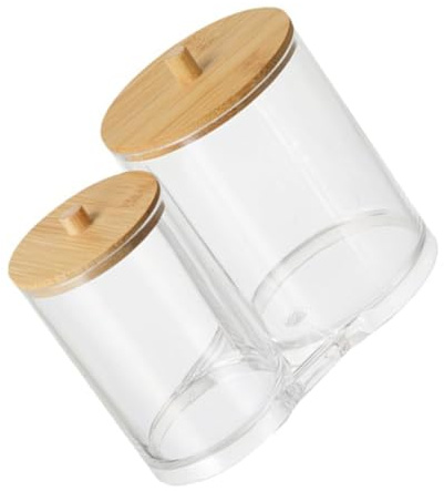 Lurrose Organizer Porta Dischetti di Cotone e Porta Cotton Fioc in Acrilico Trasparente Coperchio in Bambù Contenitore Rotondo per Bagno e Camera da Letto Dispenser Protettivo