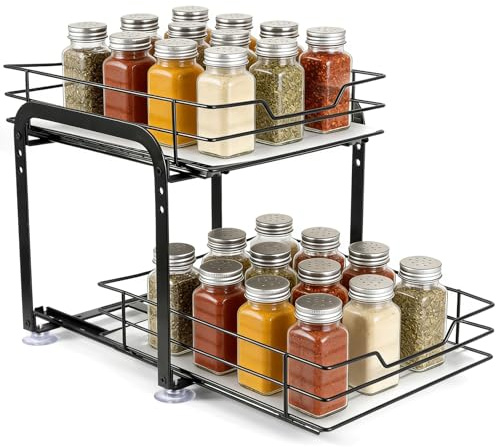 Pull Out Cupboard Organiser - 2-Tier Spice Rack for Inside Cupboard, Adjustable Height Metal Kitchen Cabinet Organiser, Slide Out Heavy Duty Spice Racks, Fits Countertop, Cabinet, Pantry, No Drilling