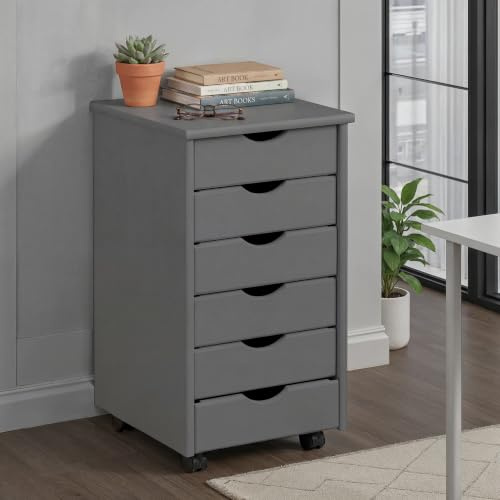 Inter Link Rollcontainer mit 6 Schubladen – Bürocontainer auf Rollen – Massivholz Kiefer Grau lackiert – Rollschrank für Büro & Homeoffice – 35 x 40 x 65 cm – Modell Simon