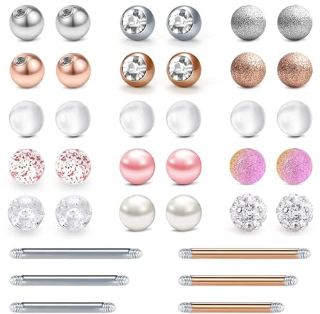 LAURITAMI 14G Piercing Langue et Piercing Téton Acier Inoxydable et Plastique, Boules de Rechange 5 mm, Barbells de Rechange 14/14/16 mm, Percing a la Langue Percing Nipple,Bijoux Corporels,36 Pièces