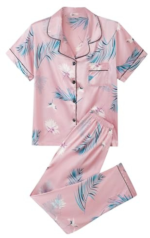 Generisk damhemmadräkt 2-delad elegant sommar, satinpyjamas dam kortärmad långa byxor – pyjamas med knappslå nattkläder, sexiga vardagskläder, tunn pyjamas, lätt sidenpyjamas, sexiga sovkläder