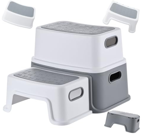 Relaxdays Sgabello per bambini 2 gradini, max 75 kg, bianco/grigio | antiscivolo, 25,5x33x38,5 cm, plastica