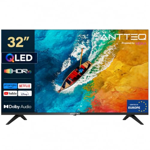 Antteq AV32H5Q Televisore 32 Pollici QLED Smart TV Bluetooth con Triplo Tuner HD (DVB-C/-S2/-T2)，App Store, Netflix, Prime Video, Rakuten TV, DAZN, YouTube, e altro