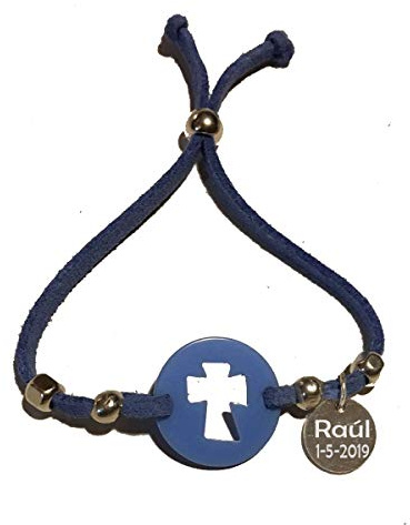 Lote 10 pulseras antelina con cruz para comunion/bautizo, PERSONALIZADA con texto que quieras (Azul, Pequña)