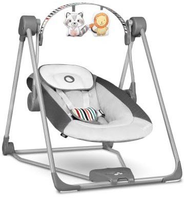 LIONELO Otto Elektrisk Babysitter Babygunga 2‑i‑1 (0–9 månader/upp till 9 kg), 5 Gunghastigheter, Timer, Ljud av Naturen, Lekbåge med Leksaker, 5‑Punktssele, Hopfällbar och Bärbar, Grå