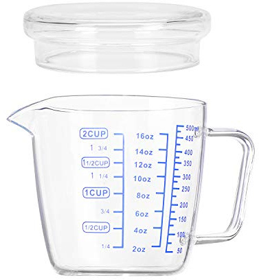 Glass Measuring Cup Jugs with Lid Pour Spout 17 oz Microwave Graduated Glass Mug with Handle Clear Scale Solid Ounce Cup Fluid Accuracy Measure Tool Powder Cooking Baking Wine Milk Coffee Cook 500ml