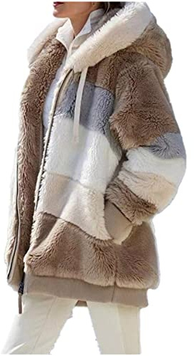 XinCDD Chaqueta de Piel sintética para Mujer con Cremallera Engrosada combinación de Colores de Gran tamaño para Mantener el suéter de Felpa Suelto cálido otoño e Invierno (caqui, L)