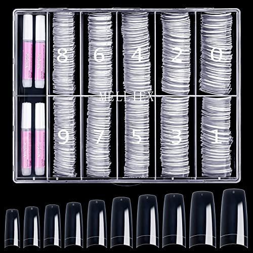500 Stück French Künstlich Nageltips Set Falsche Acryl Nägel Tips Nagelverlängerung Nagelspitzen Fake Fingernägel Zubehör mit 4 Stück Kleber für Nageldesign Gelnägel, Transparent